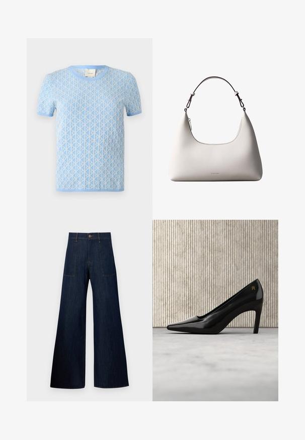 Lyseblå kortærmet sweater med struktureret geometrisk mønster i hvid. Har en rund halsudskæring og ribbede manchetter.; Mørkeblå vidde jeans lavet af denim, med to forlommer, synlige sømme og en knaplukning i taljen.; Sort højhælet sko med spids snude og gulddetalje med logo, placeret opret på en reflekterende overflade ved siden af en metal arkivorganisator.; Cremefarvet skuldertaske i læder fra Calvin Klein med buet topkant, sølvfarvet lynlås og mørkebrun justerbar rem.