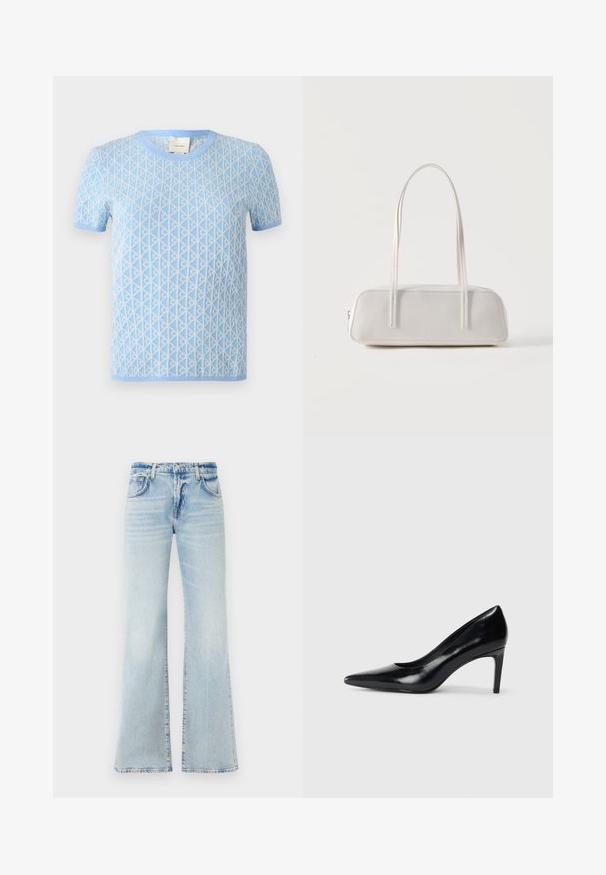 Vaaleansininen lyhythihainen neule, jossa on valkoinen teksturoitu geometrinen kuvio. Sisältää pyöreän pääntien ja ribbireunat.; Vyöruuhkan muotoiset vaaleansiniset denim-farkut, joissa on pehmeä rakenne, viisi taskua ja nappikiinnitys. Ominaisuuksiin kuuluu haalistumista kuluneen vaikutelman aikaansaamiseksi.; Mustat nahkakengät korkealla korolla, terävä kärki, sileä pinta ja kapeneva korko. Minimalistinen muotoilu, ei ylimääräisiä koristeita.; Valkoinen suorakaiteen muotoinen olkalaukku, jossa on pitkät ohuet hihnat, minimaalinen ompelu ja vetoketjusuljin yksivärisellä taustalla.