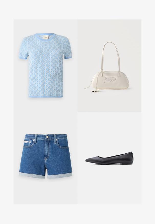 Lichtblauwe trui met korte mouwen en een gestructureerd geometrisch patroon in het wit. Beschikt over een ronde halslijn en geribbelde boorden.; Donkerblauwe denim shorts met omgeslagen zoom. Voorzien van een knoopsluiting en voorkanten zakken. Gladde textuur met subtiele stikdetails.; Zwarte platte leren schoen met puntige neus en lage hak, zijaanzicht tegen een witte achtergrond.; Rechthoekige schoudertas in roomkleur met lange bandjes, zilveren "tommy jeans"-logo aan de voorkant en een hanger aan de ritssluiting.