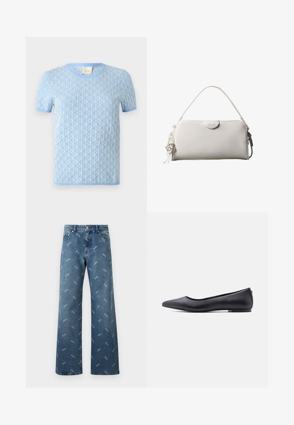 Lyseblå kortærmet sweater med struktureret geometrisk mønster i hvid. Har en rund halsudskæring og ribbede manchetter.; Lyseblå denimjeans med bred bendesign, prydet med et gentaget 'lala' logo-mønster i hvid og en klassisk fem-lomme stil.; Sort flad lædersko med spidst tåparti og lav hæl, vist i sideprofil mod en hvid baggrund.; Hvid rektangulær Calvin Klein håndtaske med enkelt håndtag, minimalistisk design og dekorative kvaster med geometrisk metalvedhæng på siden.