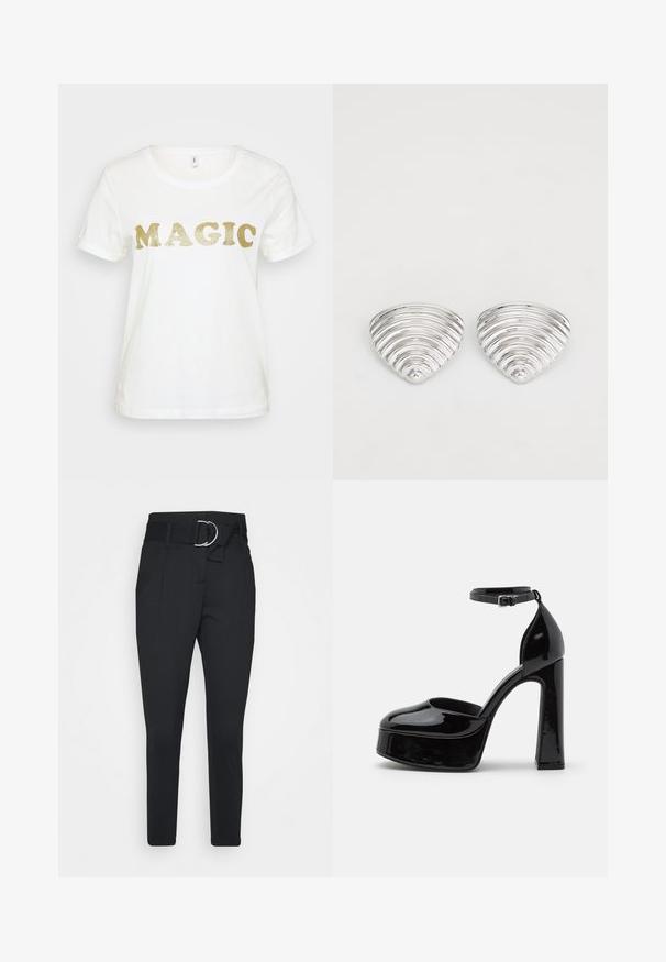 Camiseta blanca de manga corta, con la palabra "MAGIC" en grandes letras doradas brillantes en el frente. Textura de algodón suave.; Pantalones negros ajustados con un diseño ceñido, frente plano, dos bolsillos laterales y un cinturón con hebilla circular plateada.; Zapatos de tacón de charol negro con plataforma y correa al tobillo, punta redondeada y tacón cuadrado, que muestran una textura lisa y brillante.; Pendientes en tono plateado con un diseño ondulado y texturizado, con forma de media lunas superpuestas; el acabado pulido realza las cualidades reflectantes.
