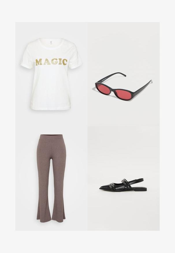 Weißes T-Shirt mit kurzen Ärmeln, mit dem Wort "MAGIC" in großen, glitzernden goldenen Buchstaben auf der Vorderseite. Glatte Baumwollstruktur.; Braune gerippte Schlaghosen mit einem hohen, dehnbaren Bund und einer weichen Textur, die ein dezentes vertikales Muster aufweisen.; Even&Odd by Zalando Sling-Ballerina - black; Schwarze ovale Sonnenbrille mit schlanken Bügeln und rot getönten Gläsern, die auf einer weißen Oberfläche liegt.
