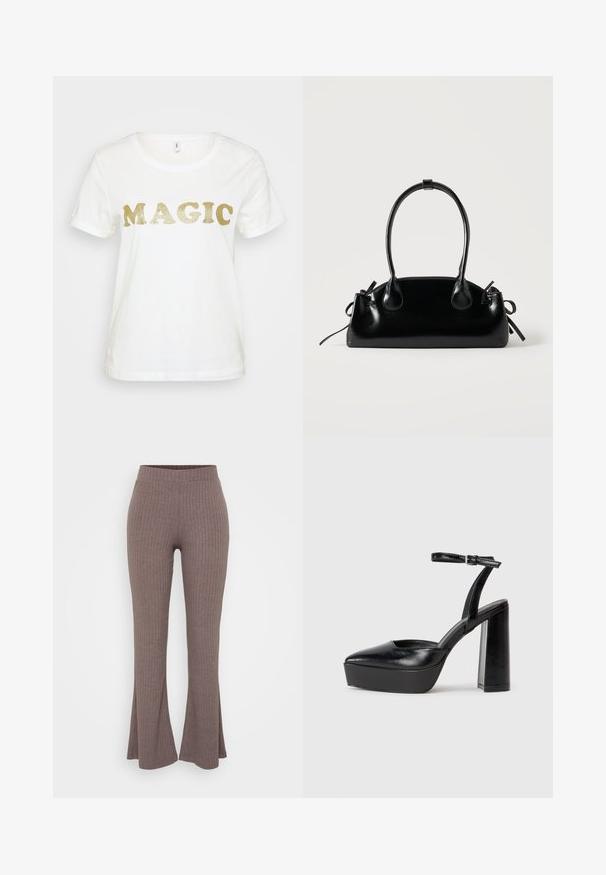 Camiseta blanca de manga corta, con la palabra "MAGIC" en grandes letras doradas brillantes en el frente. Textura de algodón suave.; Pantalones acampanados de canalé marrones con una cinturilla alta y elástica, y una textura suave, que presentan un sutil patrón vertical en toda su superficie.; Zapatos de tacón negro con punta afilada y correa ajustable en el tobillo. Confeccionados en cuero suave, presentan un tacón grueso.; Pequeño bolso negro brillante con dos asas largas y detalles de cordón lateral sobre un fondo claro liso.