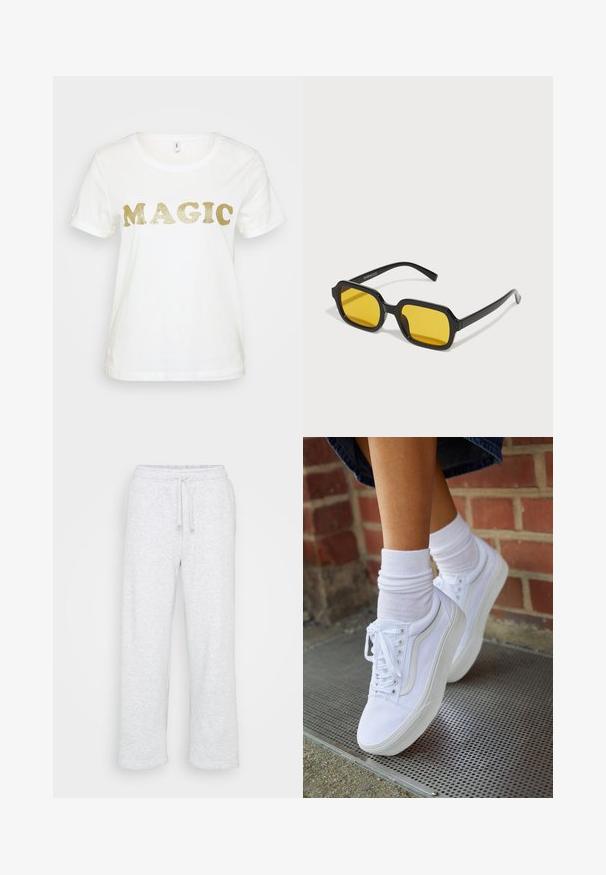 Camiseta blanca de manga corta, con la palabra "MAGIC" en grandes letras doradas brillantes en el frente. Textura de algodón suave.; Pantalones de chándal de algodón gris claro con cintura elástica y cordón, corte de pierna recta, sin logotipos ni patrones visibles.; Zapatillas de lona blancas con suelas de goma, que presentan seis ojales, puntera redonda y detalles de costura ligera, combinadas con calcetines blancos hasta el tobillo.; Gafas de sol negras rectangulares con lentes amarillos. Presentan montura gruesa y un diseño angular con un acabado liso y brillante.