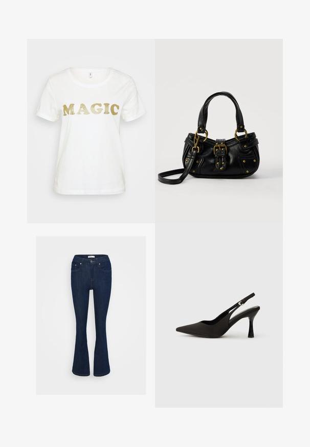 Camiseta blanca de manga corta, con la palabra "MAGIC" en grandes letras doradas brillantes en el frente. Textura de algodón suave.; Pantalones vaqueros acampanados de mezclilla azul oscura con un diseño clásico de cinco bolsillos, cierre de botón metálico y detalles de costura en los bolsillos.; Zapatos de tacón negro tipo slingback con puntera afilada, acabado mate suave y un tacón delgado y brillante. Correa ajustable con detalle de hebilla pequeña.; Bolso de cuero negro con hebilla y detalles de remaches dorados, asas cortas y una correa de hombro ajustable sobre un fondo blanco liso.