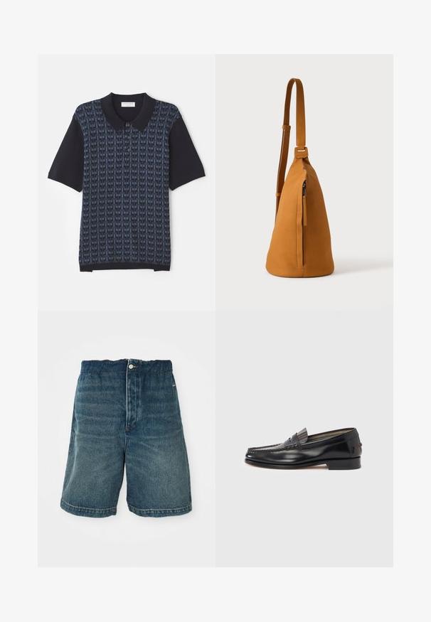 Polo de color azul marino con un patrón geométrico en diferentes tonos de azul, de manga corta y con un cuello clásico que presenta botones en la parte delantera.; Pantalones cortos de mezclilla en azul oscuro con un ajuste holgado, que cuentan con un cierre de botón y costuras visibles a lo largo del dobladillo y los bolsillos.; Mocasines de cuero negro con diseño estilo mocasín, con una banda decorativa y detalles de costura en la parte superior. Tacón bajo y cuadrado.; Bolso bandolera de piel color canela con correa ajustable y bolsillo vertical con cremallera, mostrado de lado sobre un fondo claro y liso.