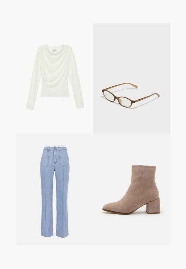 Lange mouwen, wit top met een zachte, textuurstof. Heeft een gedrapeerde halslijn en een passende silhouet. Merklabel zichtbaar bij de hals.; Lichtblauwe high-waist jeans met rechte pijpen, voorzakken met klep, knoopsluiting aan de voorkant en zichtbare verticale en zoomstiksels.; Beige suede enkelboot met een spitse neus en een chunky vierkante hak. Het oppervlak is glad met een zachte textuur en minimale details.; Bruine schildpadbril met ovale lenzen, dunne armen en transparante accenten. Heeft een subtiele logo op de tempel. Strak, lichtgewicht ontwerp.