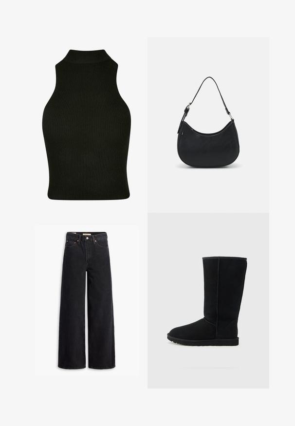 Sort ribbet top uden ærmer med høj krave, med et tætsiddende design og struktureret stof.; Sorte brede benjeans lavet af denim, med fem lommer, kobbernitter og en klassisk knaplukning. Glat tekstur med et rent design.; Sort ruskind midt på læggen støvle med rundet tå, tekstureret overflade, synlige sømme og gummisål. Klassisk design uden pynt.; Sort hobo taske lavet af glat læder med en buet silhuet, der har en enkelt justerbar skulderrem og minimalistiske designdetaljer.