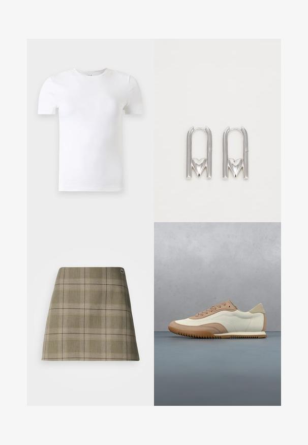 Hvid kortærmet T-shirt med rund hals vist mod en lysegrå baggrund.; Skotsk ternet mini nederdel i olivengrøn og beige, med et lige design, en subtil struktur og en lille logoaccent nær taljen.; Sneaker i creme og beige med tekstureret overdel, snørebånd og gummisål, vist oven på en træoverflade med småsten.; Sølv metal øreringe med en U-form og en hjerteaccent ved bunden, glat tekstur og en poleret overflade.