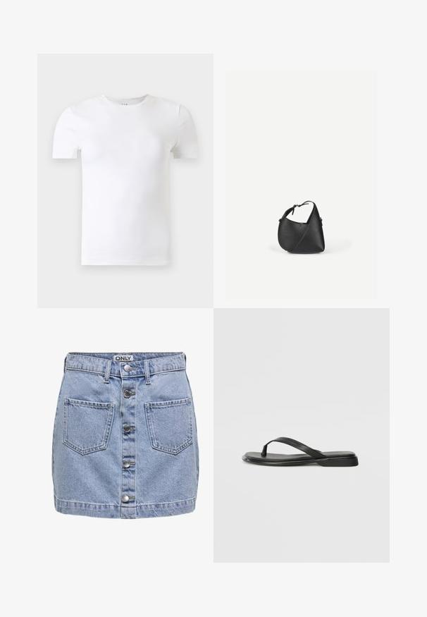 Hvid kortærmet T-shirt med rund hals vist mod en lysegrå baggrund.; Lys blå denim mini-sundress med fem knapper foran, to påsyede lommer, og en let slidt struktur. Mærket hedder "ONLY."; Sorte flip-flops lavet af glat læder, med et tyndt remdesign og en flad sål med et minimalt profil. Ingen bemærkelsesværdige mønstre eller accenter.; Sort skuldertaske i læder med en afrundet trekantet form og justerbar rem på en ensartet lys baggrund.