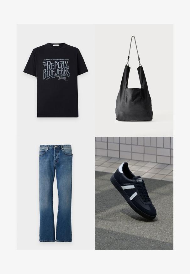 Schwarzes Baumwoll-T-Shirt mit kurzen Ärmeln und rundem Halsausschnitt, mit einem grafischen Textdesign im Vintage-Stil in Weiß und hellblau auf der Vorderseite.; Helle blaue Jeans aus Denim mit geradem Bein, ausgestattet mit fünf Taschen, einem Knopfverschluss und subtilen Ausbleichungen auf dem Stoff.; Schwarze Leder-Sneaker mit weißen Streifen, strukturiertem Gummisohle und Schnürung. Verfügt über ein Markenetikett auf der Zunge.; Schwarze weiche Stofftragetasche mit breiten Griffen und einem dünnen schwarz-weißen geflochtenen Schulterriemen.