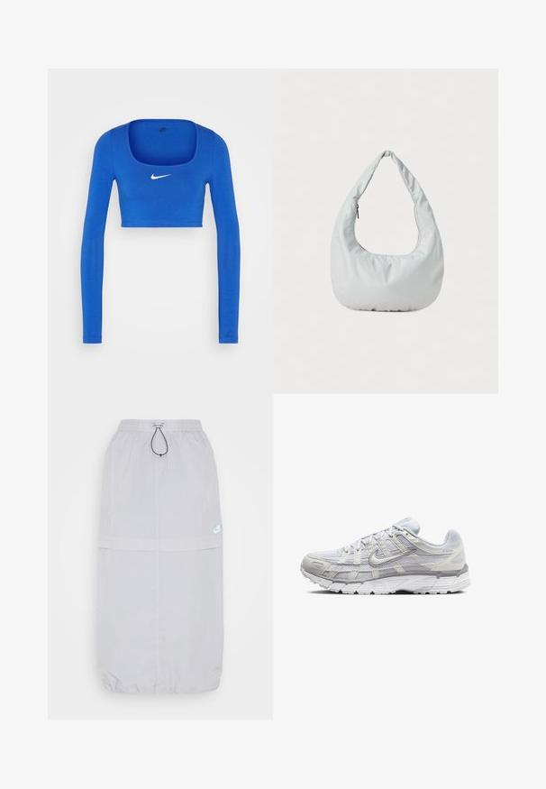 Nike Sportswear W NSW LS CROP TOP SW - Μπλούζα με μακριά μανίκια - game royal/phantom; Ανοιχτό γκρι αθλητική φούστα από ελαφρύ υλικό, με ελαστική ζώνη μέσης και κορδόνι, φερμουάρ τσέπες και λογότυπο.; Ανοιχτό γκρι αθλητικά παπούτσια με επάνω μέρος από πλέγμα και συνθετικό υλικό, διαθέτοντας κλείσιμο με κορδόνια, επενδεδυμένο προφιλέο και υφασμάτινη σόλα για καλύτερη πρόσφυση.; Μαλακή, ανοιχτό γκρι τσάντα hobo φτιαγμένη από συνθετικό υλικό. Διαθέτει μία επενδεδυμένη χειρολαβή και μια τσέπη με φερμουάρ στο πλάι.