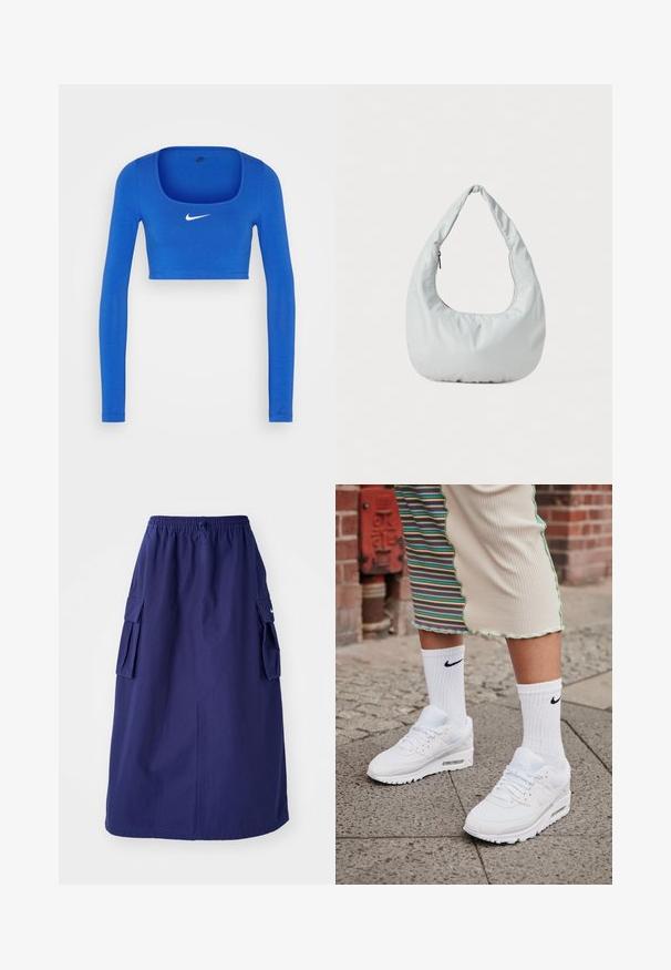Nike Sportswear W NSW LS CROP TOP SW - Pikkade varrukatega topp - game royal/phantom; Tumedat sinine, keskpikk seelik elastse vöökohtaga, millel on kaks külgmist cargo-taskut ja minimaalne logo detail. Sile kangastekstuud.; Valged Nike Air Max 90 sneaksid, millel on silmade ja nahast pealispind, nähtava õhuüksusega, koos valgete soonikute sokkidega musta logoga.; Pehmea, heleda halli hobo-kott, mis on valmistatud sünteetilisest materjalist. Omab ühte pehmendatud sangaga kät ja külgmist lukkudega taskut.