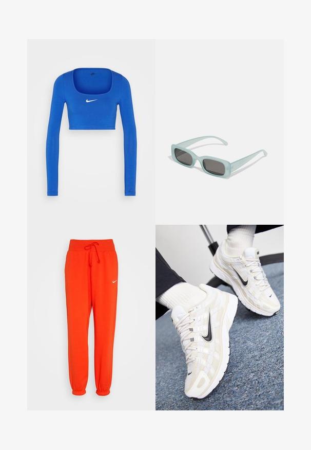 Nike Sportswear W NSW LS CROP TOP SW - Pikkade varrukatega topp - game royal/phantom; Nike Sportswear W PHNX FLC HR OS - Dresside alumine osa - picante red/sail; Valged ja beežid Nike spordijalanõud, millel on võrkvõrk, tekstuuriga kattekiht, must swoosh ja pehmendatud põhi koos haardumisvõimelise tallaga.; Kaks ümmargust päikeseprilli, millel on helesinised poolläbipaistvad raamid ja tumehallid objektiivid, sirged tempud ja minimaalsete detailidega riistvara.