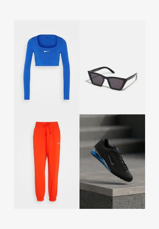 Nike Sportswear W NSW LS CROP TOP SW - Μπλούζα με μακριά μανίκια - game royal/phantom; Nike Sportswear W PHNX FLC HR OS - Παντελόνι φόρμας - picante red/sail; Μαύρο αθλητικό παπούτσι με υφή στο πάνω μέρος, κομψή μπλε ενδιάμεση σόλα και ασημένιες λεπτομέρειες. Διαθέτει σχεδιασμό με κορδόνια και λαστιχένια εξωτερική σόλα.; Μαύρα, γωνιώδη γυαλιά ηλίου με γκρι φακούς; κατασκευασμένα από πλαστικό, με χοντρές βραχίονες με λεία επιφάνεια και χωρίς ορατό μηχανισμό.