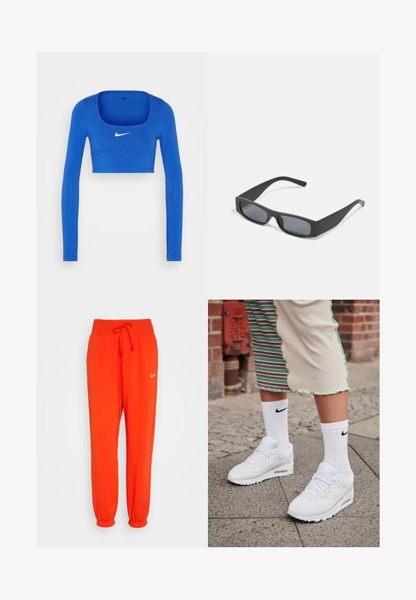 Nike Sportswear W NSW LS CROP TOP SW - Langærmet T-shirt - game royal/phantom; Nike Sportswear W PHNX FLC HR OS - Træningsbukser - picante red/sail; Hvide Nike Air Max 90 sneakers med mesh og læderoverdel, der har en synlig luftenhed, parret med hvide ribbede sokker med sort logo.; Sorte rektangulære solbriller med mørke linser og tykke matte stel. Armen er let tilspidset med en glat overflade.
