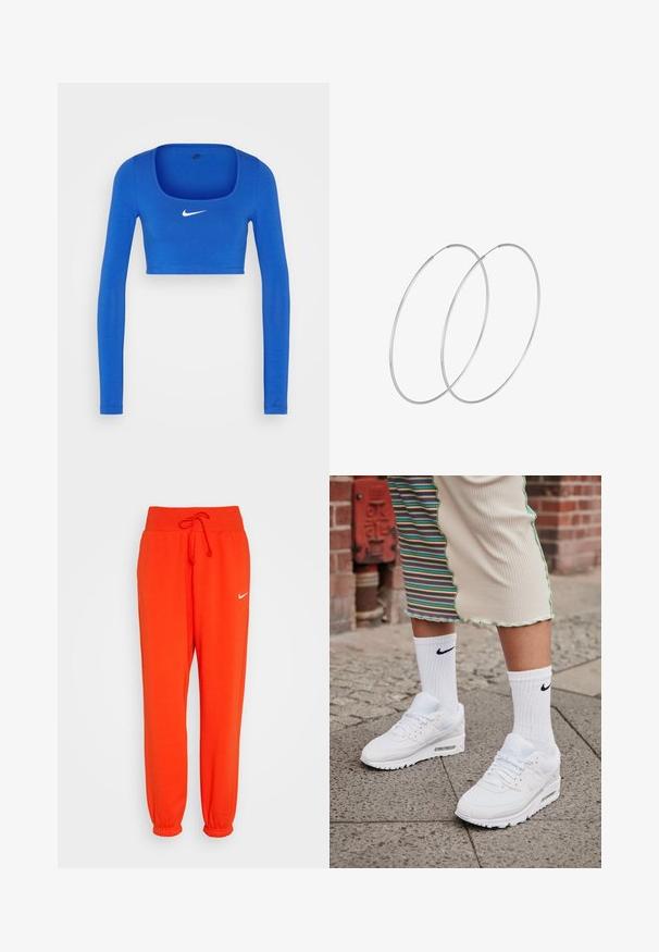 Nike Sportswear W NSW LS CROP TOP SW - Langærmet T-shirt - game royal/phantom; Nike Sportswear W PHNX FLC HR OS - Træningsbukser - picante red/sail; Hvide Nike Air Max 90 sneakers med mesh og læderoverdel, der har en synlig luftenhed, parret med hvide ribbede sokker med sort logo.; Sølvøreringe med et minimalistisk design. Cirkulær form, glat tekstur og tynd profil. Letvægtige med en poleret overflade.