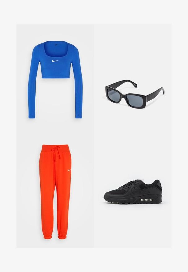 Nike Sportswear W NSW LS CROP TOP SW - Langærmet T-shirt - game royal/phantom; Nike Sportswear W PHNX FLC HR OS - Træningsbukser - picante red/sail; Sort atletisk sneakers med en glat læder- og mesh-overdel, rund tå, teksturerede detaljer og en synlig luftenhed i sålen.; Sorte rektangulære solbriller med mørkt tonede linser, tyk plastramme og brede stænger. Glat overflade og kantet design.