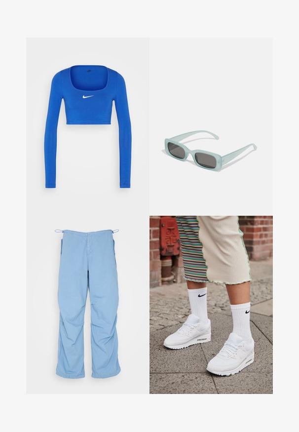 Nike Sportswear W NSW LS CROP TOP SW - Μπλούζα με μακριά μανίκια - game royal/phantom; Γαλάζιο, φαρδύ παντελόνι από μαλακό ύφασμα. Διαθέτει κορδόνι στη μέση, δύο πλαινές τσέπες και άνετη εφαρμογή με καθαρές ραφές.; Λευκά Nike Air Max 90 sneakers με επάνω μέρος από διχτυωτό και δερμάτινο υλικό, διαθέτοντας ορατή μονάδα αέρα, καθώς και λευκές ριμπ κάλτσες με μαύρο λογότυπο.; Ενα ζευγάρι ορθογώνια γυαλιά ηλίου με ανοιχτό μπλε ημιδιαφανείς σκελετούς και σκούρους γκρι φακούς, διαθέτοντας ίσιες βραχίονες και ελάχιστες λεπτομέρειες υλικών.