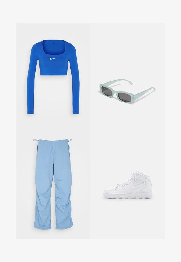 Nike Sportswear W NSW LS CROP TOP SW - Top s dlhým rukávom - game royal/phantom; Svetlomodré, voľné nohavice z mäkkej tkaniny. Majú šnúrku v páse, dve bočné vrecká a uvoľnený strih s čistým prešívaním.; Biele vysoké tenisky vyrobené z kože s polstrovaným golierom, perforovanou špičkou, šnúrkami a nastaviteľným popruhom na členku; logo na boku.; Párik obdĺžnikových slnečných okuliarov s svetlomodrými priehľadnými rámami a tmavosivými sklami, s rovnými stranami a minimálnymi hardvérovými detailmi.