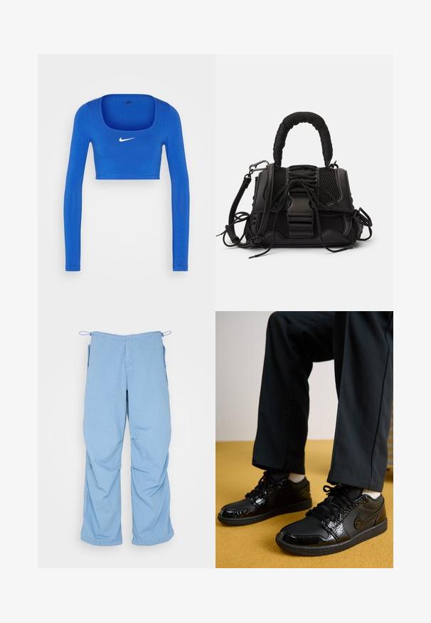 Nike Sportswear W NSW LS CROP TOP SW - Μπλούζα με μακριά μανίκια - game royal/phantom; Γαλάζιο, φαρδύ παντελόνι από μαλακό ύφασμα. Διαθέτει κορδόνι στη μέση, δύο πλαινές τσέπες και άνετη εφαρμογή με καθαρές ραφές.; Μαύρα αθλητικά παπούτσια Nike με υφή από πατενταρισμένο δέρμα, ελαστική σόλα και στρογγυλά κορδόνια, φορεμένα με μαύρο παντελόνι και λευκές κάλτσες.; Μαύρη τσάντα χειρός με διάτρητη εξωτερική επιφάνεια, πλεχτό χερούλι και διακοσμητική κορώνα. Περιλαμβάνει αποσπώμενο λουρί και αντίθετες λεπτομέρειες από υλικό.