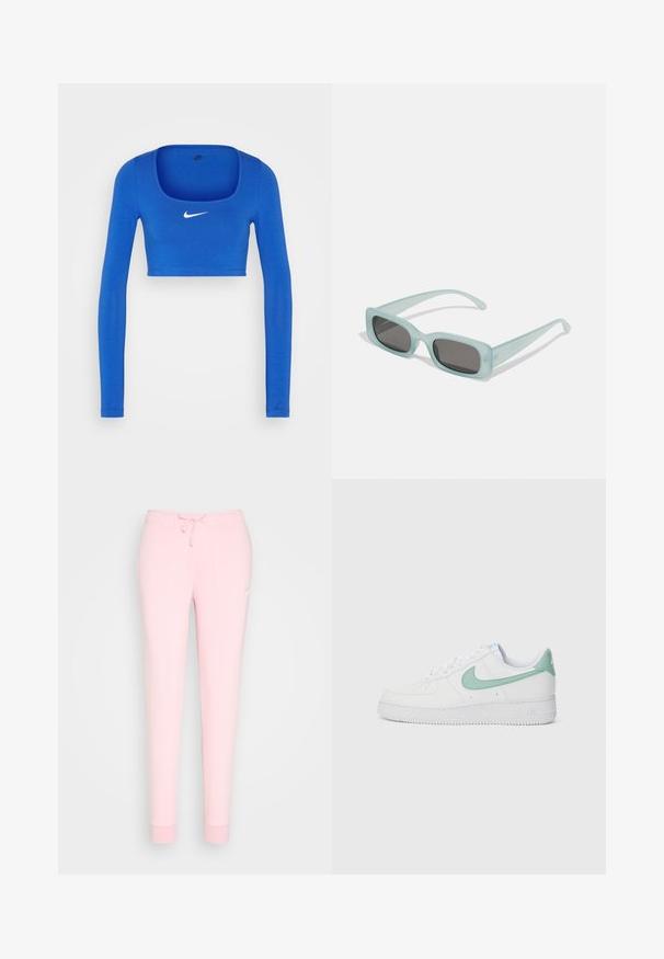Nike Sportswear W NSW LS CROP TOP SW - Top s dlhým rukávom - game royal/phantom; Svetloružové tepláky s nastaviteľným pásom, zúženými nohavicami a vyšívaným logom na stehne. Mäkká, hladká textúra látky.; Biele kožené tenisky s mätovo zeleným Nike swooshom a pätkou, štruktúrovanou podrážkou a klasickým viazaním.; Párik obdĺžnikových slnečných okuliarov s svetlomodrými priehľadnými rámami a tmavosivými sklami, s rovnými stranami a minimálnymi hardvérovými detailmi.