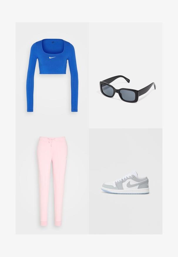 Nike Sportswear W NSW LS CROP TOP SW - Langærmet T-shirt - game royal/phantom; Lyserøde sweatpants med snoreliv, indsnævrede ben og et broderet logo på låret. Blød, glat stofstruktur.; Nike-sneakers med en blanding af gråt og hvidt læder, perforeret tå, snørebånd og en lys blå ydersål med logodetaljer.; Sorte rektangulære solbriller med mørkt tonede linser, tyk plastramme og brede stænger. Glat overflade og kantet design.