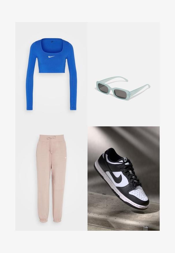 Nike Sportswear W NSW LS CROP TOP SW - Langærmet T-shirt - game royal/phantom; Nike Sportswear W PHNX FLC HR OS - Træningsbukser - diffused taupe/sail; Sorthvid Nike Dunk Low sneakers med læderoverdel, perforeret tåboks og sorte snørebånd, udstyret med en hvid sål og logo accenter.; Et par rektangulære solbriller med lyseblå gennemsigtige stel og mørkegrå linser, der har lige templer og minimale hardware detaljer.