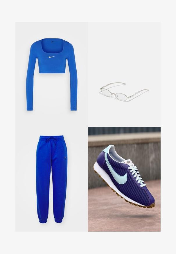 Nike Sportswear W NSW LS CROP TOP SW - Μπλούζα με μακριά μανίκια - game royal/phantom; Μπλε φλις παντελόνι φόρμας με ελαστική μέση και ρυθμιζόμενο κορδόνι. Διαθέτει στενές μανσέτες και μικρό λευκό λογότυπο Nike στο πλάι.; Πορφυρό αθλητικό παπούτσι Nike με γαλάζιο σήμα, λευκές κορδόνες και σόλα από καουτσούκ, που προβάλλεται να αιωρείται πάνω από μια τσιμεντένια επιφάνεια σε εξωτερικό χώρο.; Οβάλ γυαλιά με μεταλλικό ασημί σκελετό, διαφανείς φακούς και ανάγλυφες περλίτσες στις βραχίονες. Ελαφριά σχεδίαση με καμπύλα άκρα.