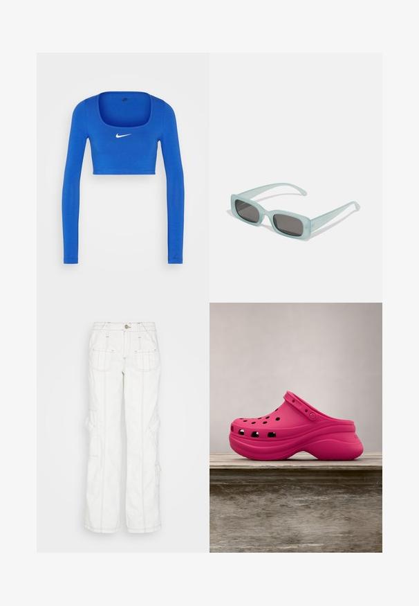 Nike Sportswear W NSW LS CROP TOP SW - Top s dlhým rukávom - game royal/phantom; BDG Urban Outfitters Džínsy voľného strihu - white; Jasne ružové gumené klobúkové topánky s ventilačnými otvormi, zadným pásikom a zakrivenou platformou pre pohodlie. Elegantná a hladká textúra po celom povrchu.; Párik obdĺžnikových slnečných okuliarov s svetlomodrými priehľadnými rámami a tmavosivými sklami, s rovnými stranami a minimálnymi hardvérovými detailmi.