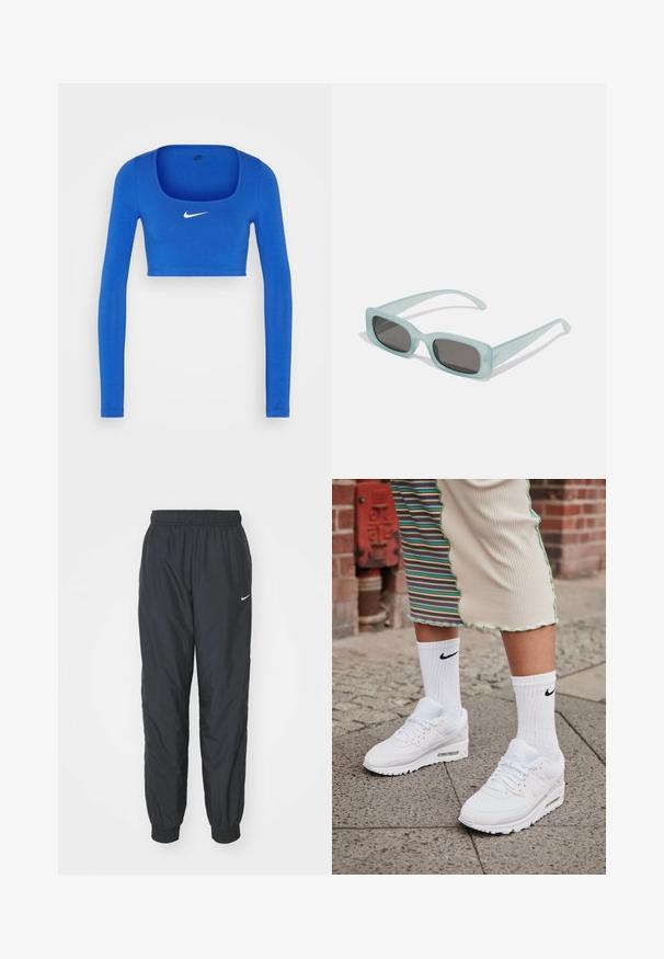 Nike Sportswear W NSW LS CROP TOP SW - Langærmet T-shirt - game royal/phantom; Sorte Nike træningsbukser lavet af letvægtsstof, med elastisk talje og mansjetter, samt et lille hvidt logo på venstre ben.; Hvide Nike Air Max 90 sneakers med mesh og læderoverdel, der har en synlig luftenhed, parret med hvide ribbede sokker med sort logo.; Et par rektangulære solbriller med lyseblå gennemsigtige stel og mørkegrå linser, der har lige templer og minimale hardware detaljer.