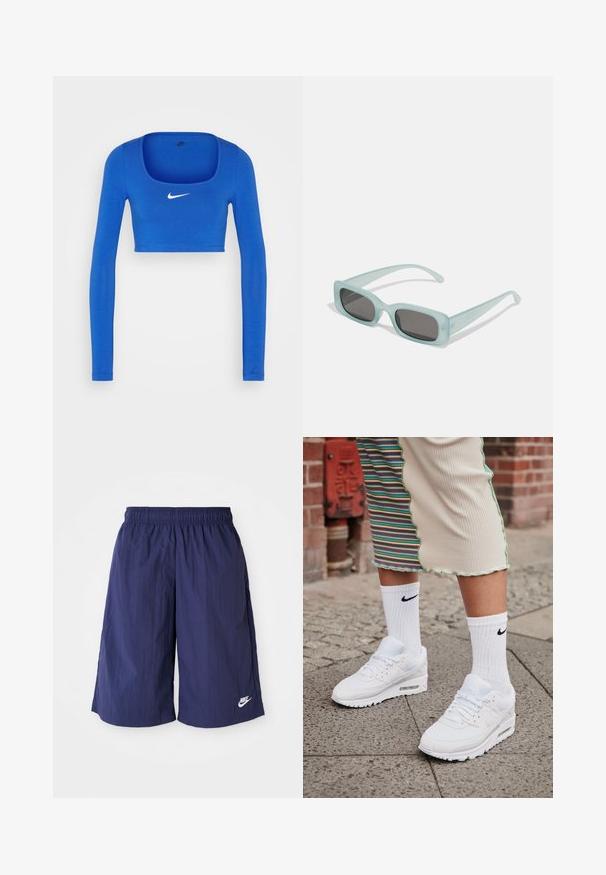 Nike Sportswear W NSW LS CROP TOP SW - Pikkade varrukatega topp - game royal/phantom; Tumedane sinine Nike'i lühikesed püksid elastse vöökohtaga, valmistatud kergest ja siledast kangast, millel on alumises servas väike valge logo.; Valged Nike Air Max 90 sneaksid, millel on silmade ja nahast pealispind, nähtava õhuüksusega, koos valgete soonikute sokkidega musta logoga.; Kaks ümmargust päikeseprilli, millel on helesinised poolläbipaistvad raamid ja tumehallid objektiivid, sirged tempud ja minimaalsete detailidega riistvara.