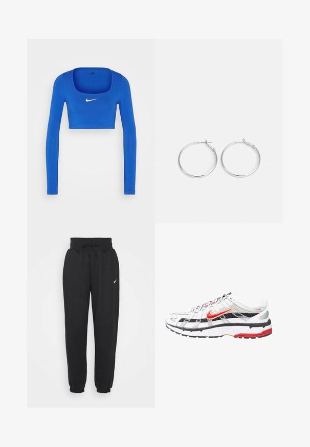 Nike Sportswear W NSW LS CROP TOP SW - Top s dlhým rukávom - game royal/phantom; Čierne tepláky vyrobené z mäkkej bavlnenej zmesi, s elastickým pásom na šnúrku a elastickými manžetami. Logo Nike na ľavom stehne.; Biele a čierne športové topánky s červenými a zlatými akcentmi. Obsahujú sieťovinový zvršok, polstrovanú podrážku a bezpečný šnurovací dizajn.; sweet deluxe EARRING - Náušnice - silver-coloured