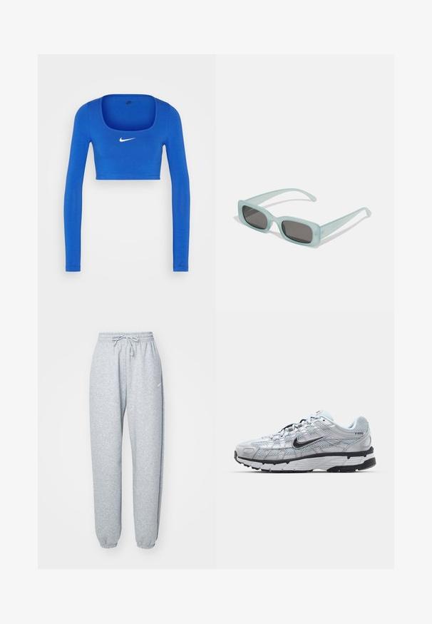 Nike Sportswear W NSW LS CROP TOP SW - Pikkade varrukatega topp - game royal/phantom; Heledad hallhalli pehmete puuvillasegistusega, millel on elastne vöökoht ja nöör, kitsenevad sääred ja ribakudumisega mansetid. Minim blown kaubamärgi detail.; Nike P-6000 tenniset heleda halli võrgust pealteega, mustade aktsentidega ja vastupidava musta kummist tallaga. Omab keerukat disaini ja paeltesüsteemi.; Kaks ümmargust päikeseprilli, millel on helesinised poolläbipaistvad raamid ja tumehallid objektiivid, sirged tempud ja minimaalsete detailidega riistvara.