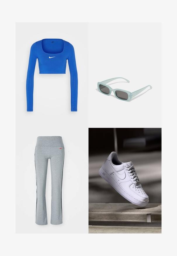 Nike Sportswear W NSW LS CROP TOP SW - Μπλούζα με μακριά μανίκια - game royal/phantom; Γκρι αθλητικά παντελόνια με φαρδιά ζώνη, διαθέτοντας κόκκινο λογότυπο Nike και μαύρες πλευρικές λωρίδες. Κατασκευασμένα από μαλακό και ελαστικό υλικό.; Λευκό αθλητικό παπούτσι Nike Air Force 1 να αιωρείται πάνω από μια επιφάνεια από σκυρόδεμα με σκιές σε ένα μινιμαλιστικό περιβάλλον.; Ενα ζευγάρι ορθογώνια γυαλιά ηλίου με ανοιχτό μπλε ημιδιαφανείς σκελετούς και σκούρους γκρι φακούς, διαθέτοντας ίσιες βραχίονες και ελάχιστες λεπτομέρειες υλικών.