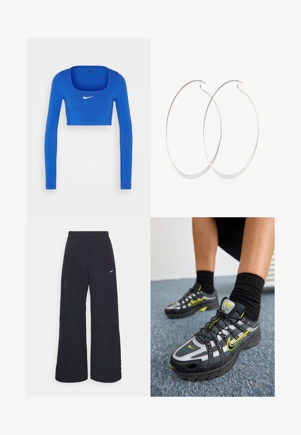 Nike Sportswear W NSW LS CROP TOP SW - Langærmet T-shirt - game royal/phantom; Sorte brede bukser med elastisk talje og et lille hvidt Nike-logo. Stoffet har en glat tekstur, designet til komfort og afslappet brug.; Sorte og grå atletiske sko med refleksive sølvdetaljer, teksturerede mesh-paneler og lysegule detaljer. Snørebåndsdesign med struktureret sål.; Sølv hoops øreringe med et tyndt, glat design; langstrakt oval form; poleret finish; har en sikker krog lukning.
