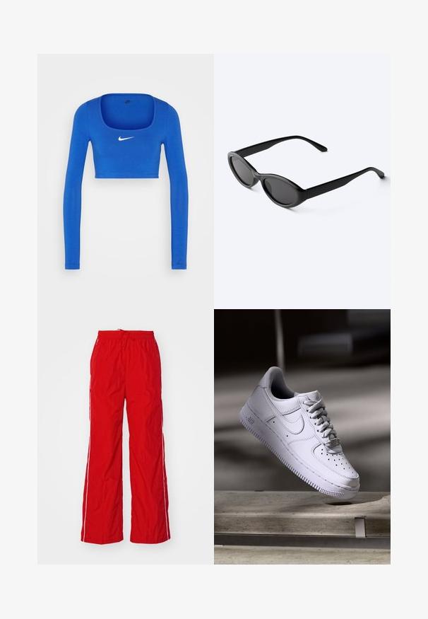 Nike Sportswear W NSW LS CROP TOP SW - Pitkähihainen paita - game royal/phantom; Punaiset nailonihousut, joissa on leveät lahkeet, joustava vyötärönyöri ja valkoiset sivuraitat. Sileä pinta ja kevyt ulkonäkö.; Valkoinen Nike Air Force 1 -tossu leijuu betonipinnan yläpuolella varjojen kera minimalistisessa ympäristössä.; Tyylikkäät mustat ovaalit aurinkolasit tummilla linsseillä ja suorilla varsilla, lepäävät valkoisella pinnalla.