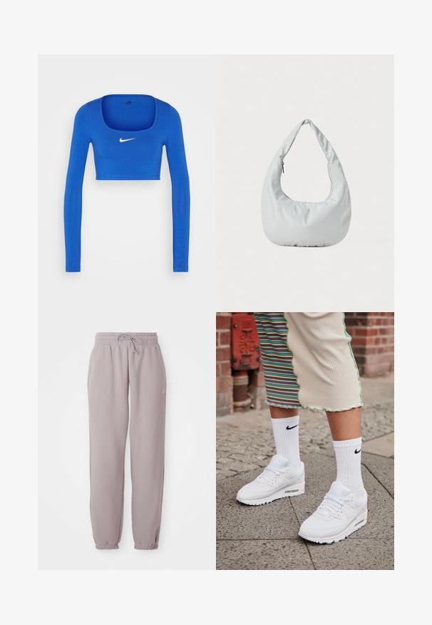 Nike Sportswear W NSW LS CROP TOP SW - Top s dlhým rukávom - game royal/phantom; Svetlomauve flísové tepláky s elastickým pásom, šnúrkou, bočnými vreckami a elastickými manžetami, zobrazené položené na bielom pozadí.; Biele tenisky Nike Air Max 90 s vrchnou časťou z kombinácie sieťovaného a koženého materiálu, s viditeľnou vzduchovou jednotkou, v kombinácii s bielymi rebrovanými ponožkami s čiernym logom.; Mäkká, svetlošedá hobo taška vyrobená z syntetického materiálu. Obsahuje jeden polstrovaný popruh a bočné vrecko so zipsom.