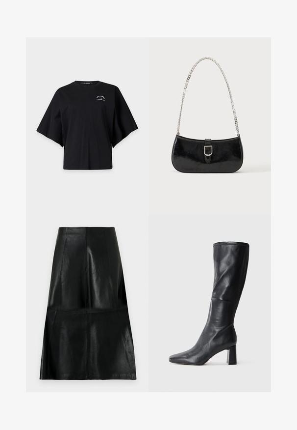 T-shirt oversize noir à manches courtes avec col rond et petit logo blanc Karl Lagerfeld sur la partie supérieure gauche de la poitrine.; Jupe en cuir noire longueur genou avec des coutures de panneaux verticales et horizontales, légèrement évasée au bas.; Botte en cuir noir, hauteur genou, à bout pointu et à talon épais. Texture lisse avec un design élégant et des détails de couture subtils.; Sac à épaule en cuir verni noir avec détail de boucle argentée et bandoulière en chaîne argentée, présenté sur un fond uni clair.