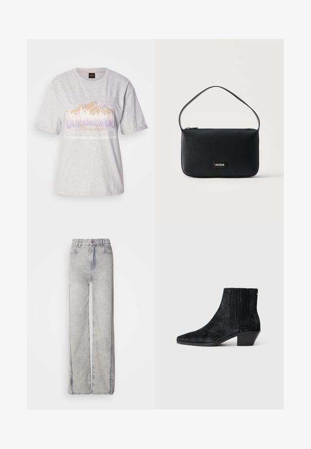 T-shirt en coton gris clair à manches courtes, avec un graphisme de montagne et du texte en violet et beige. Encolure ronde, coupe décontractée.; Jean large en denim bleu clair avec un délavage, doté d'une fermeture éclair, de cinq poches et de coutures contrastantes.; Bottine noire à bout pointu, en matériau texturé imitant les cheveux, avec un panneau latéral à nervures et un petit talon carré. Un design simple et moderne.; Sac d'épaule rectangulaire en cuir noir avec une petite plaque logo "HUGO" en or et une seule fine bandoulière.