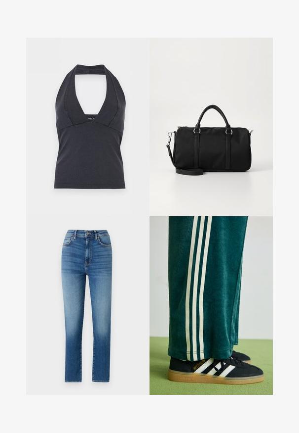Sort halterneck-top med dyb V-udskæring og tætsiddende talje, designet uden ærmer på en ensfarvet baggrund.; Højtaljede blå jeans i denim, med en lige stykke, fem lommer og subtilt slid for tekstur og detaljer.; Grønne teksturerede bukser med hvide sidelince, parret med sorte Adidas sneakers med tre hvide striber og en gummisål.; Sort nylon håndtaske med to top håndtag, aftagelig skulderrem, lynlås lukning og subtil tekstur. Enkel, rektangulær design.