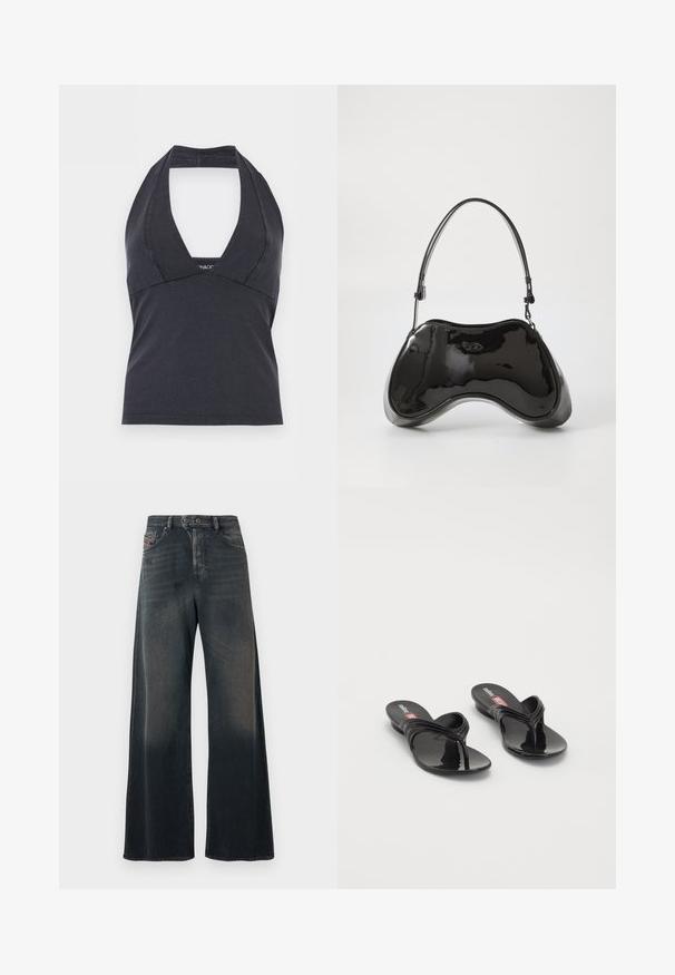 Schwarzes Neckholder-Top mit tiefem V-Ausschnitt und tailliertem Bund, ärmellos, auf einfarbigem Hintergrund.; Weite Jeans aus dunklem Denim mit dezenter verwaschener Textur, ausgestattet mit einem Knopfverschluss und Gesäßtaschen mit Ziernähten.; Melissa QUANTUM THONG X DIESEL - Zehentrenner - black; Schwarze Handtasche aus lackiertem Leder mit einer einzigartigen, geschwungenen Form, kurzem verstellbarem Griff und einem Reißverschluss oben. Glatte Textur mit dezentem Branding.