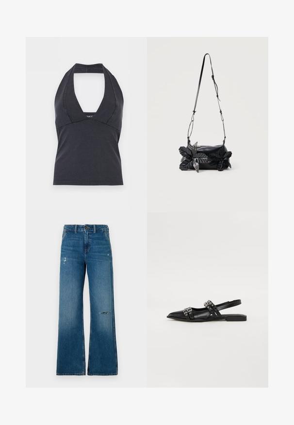 Zwarte haltertop met diepe V-halslijn en aangesloten taille, mouwloos, op een effen achtergrond.; Blauwe denim wijde jeans met een vervaagde textuur, voorzien van twee versleten gedeelten aan de voorkant, een knoopsluiting en een vijf-pocket ontwerp.; Even&Odd by Zalando Slingback ballerina´s - black; Zwarte leren schoudertas met verstelbare riem en twee grote decoratieve zwarte leren bloemen met metalen oogjes aan de voorkant.