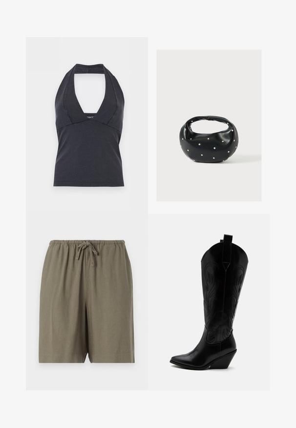 Top noir à encolure halter avec un profond décolleté en V et une taille cintrée, sans manches, sur un fond uni.; Shorts en khaki fabriqués en tissu léger. Ils disposent d'une taille élastique avec un cordon de serrage et d'une coupe décontractée. Design simple et monochrome.; Botte de cowboy en cuir noir avec bout pointu, talon bloc incliné, couture décorative et languettes en haut sur fond blanc.; Sac à main en cuir noir de forme arrondie, décoré de clous argentés et équipé d'une poignée courte. Texture lisse et fermeture éclair.