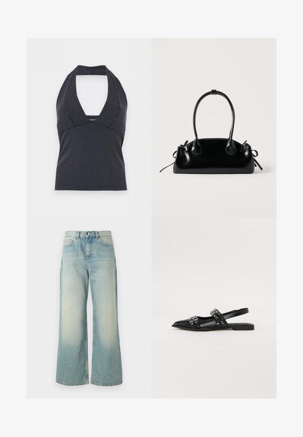 Sort halterneck-top med dyb V-udskæring og tætsiddende talje, designet uden ærmer på en ensfarvet baggrund.; Lyseblå vide jeans lavet af denim, med en afdæmpet vask, klassisk fem-lomme design og en frontknaplukning.; Even&Odd by Zalando Slingback-ballerinasko - black; Lille sort blank håndtaske med to lange håndtag og snøre-detaljer i siden på en ensfarvet lys baggrund.