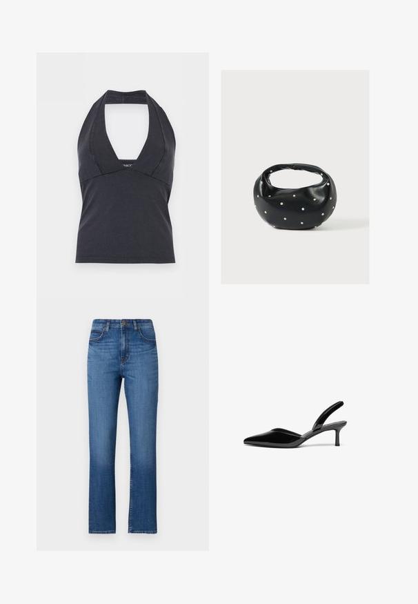 Zwarte haltertop met diepe V-halslijn en aangesloten taille, mouwloos, op een effen achtergrond.; Blauw denim jeans met een rechte pasvorm, hoge taille, vijf zakken en subtiele stiksels langs de naden. Glad oppervlak.; Zwarte gepolijste leren slingback hakken met een puntige neus, een lage stiletto hak en een elegant, eenvoudig ontwerp zonder versieringen.; Zwarte leren handtas met een afgeronde vorm, versierd met zilveren studs, en een korte handgreep. Gladde textuur en ritsluiting.