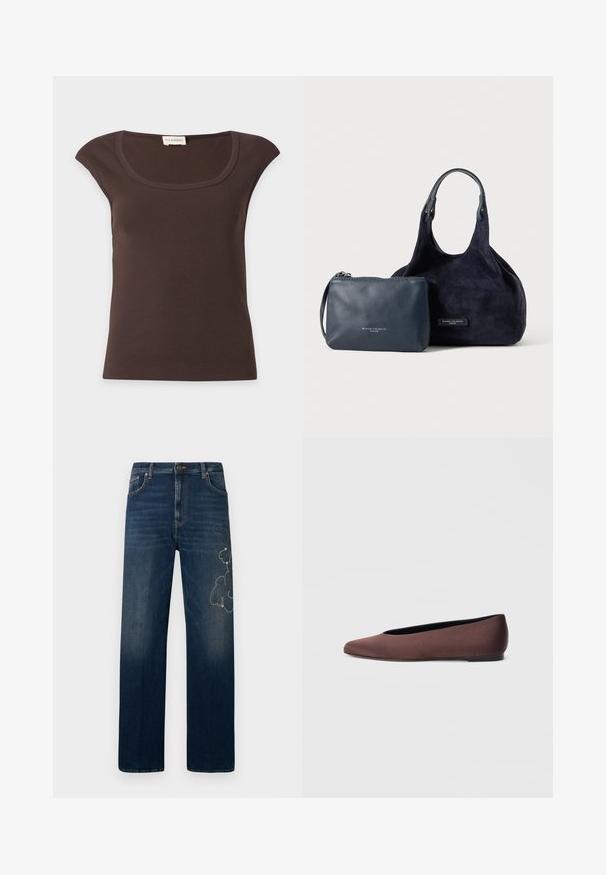 Top côtelé marron foncé à manches courtes et encolure arrondie avec une petite étiquette en tissu au niveau du col sur fond blanc.; Jean bleu foncé en denim, avec une coupe droit. Détail brodé notable sur la cuisse gauche avec des accents décoratifs.; Ballerines en tissu marron avec un bout pointu et une texture lisse, dotées d'un talon bas et d'une fine semelle noire. Aucune motif ni élément métallique visible.; Sac à main en daim bleu marine avec une anse à côté d'une petite pochette zippée en cuir, tous deux étiquetés Gianni Chiarini Firenze.