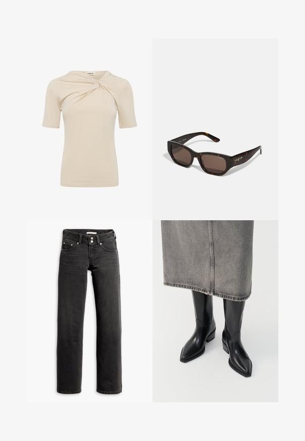 Beige dames top met korte mouwen, voorzien van een gedraaide knoopdetail bij de halslijn en een aansluitend model.; Zwarte straight-leg jeans met voor- en achterzakken, riemlussen en dubbele knoopsluiting bij de taille.; Zwarte leren cowboylaarzen met een spitse neus en een dikke hak, met een gladde afwerking en een strak ontwerp, gecombineerd met een grijze rok.; Tortoiseshell zonnebril met rechthoekige bruine lenzen. Glanzend plastic frame met gouden "vogue" branding aan de zijkant.
