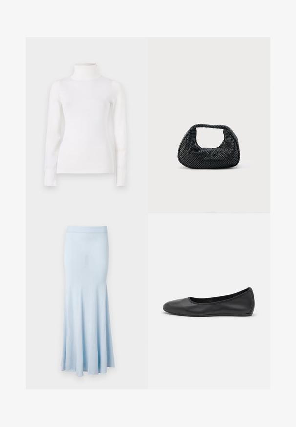 Hvid turtleneck sweater, tætsiddende design, lange ærmer, blød tekstur, glat stof, minimal detaljer, ribbede manchetter og krave.; Lys blå strikket nederdel med flagrende kant, mellemlang design og ribbet talje. Glat tekstur, ingen synlige mønstre eller detaljer.; Sort læderballetsko med rund tå, glat tekstur, minimal syning og et fleksibelt såldesign.; Sort flettet hobo-taske med blød struktur og integreret håndtag, vist på en ensfarvet lys baggrund.