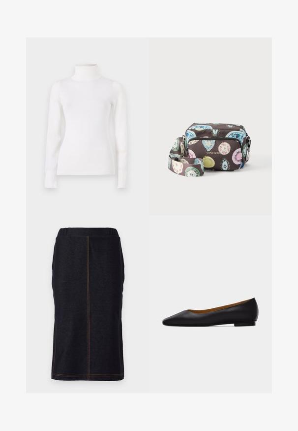 Hvid turtleneck sweater, tætsiddende design, lange ærmer, blød tekstur, glat stof, minimal detaljer, ribbede manchetter og krave.; Denim blyantnederdel i mørkeblå med lige snit og sideslidser, med kontrastfarvet orange syninger langs sømmene. Elastisk talje for komfort.; Sort læder flad sko med spids tå, lav hæl og glat finish, vist fra siden på en lysegrå baggrund.; Crossbody taske med farverige ovale mønstre på mørk baggrund, front-lynlåslomme og justerbar rem, mærket "STINE GOYA" med guld bogstaver.